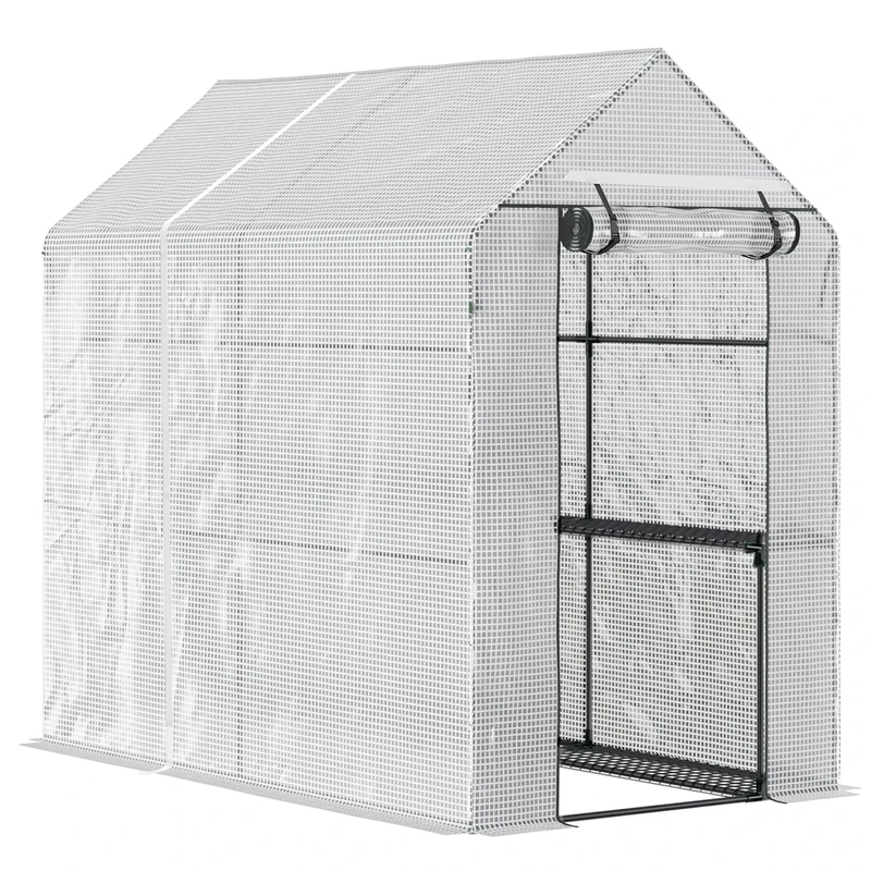 Outsunny Walk In Greenhouse with 2-Tier Shelves, Roll up Zip Panel Door, Garden Polytunnel Steeple Grow House for Outdoor, 6 x 4 x 6ft White