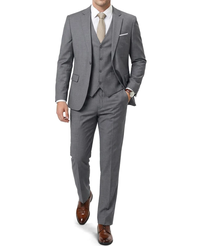 YND Men's Slim Fit 3 Piece Suit, One Button Solid Jacket Vest Pants Set with Tie, Light Grey, L