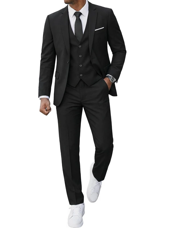 YND Men's Slim Fit 3 Piece Suit, One Button Solid Jacket Vest Pants Set with Tie, Black, Large - Image 1