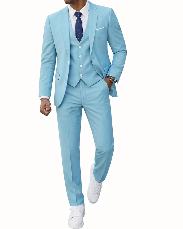 YND Men's Slim Fit 3 Piece Suit, One Button Solid Jacket Vest Pants Set with Tie, Sky, L