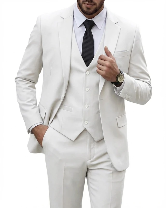 YND Men's Slim Fit 3 Piece Suit, One Button Solid Jacket Vest Pants Set with Tie, White, M