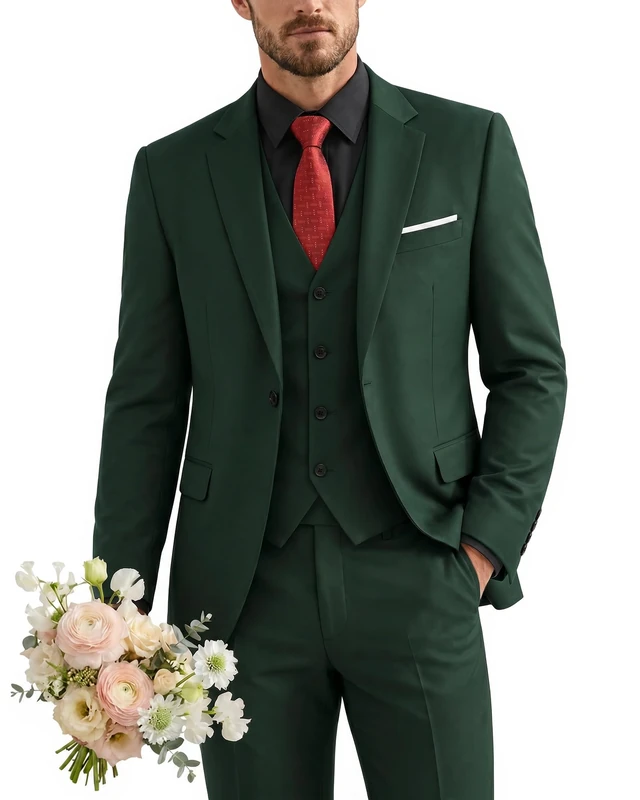 YND Men's Slim Fit 3 Piece Suit, One Button Solid Jacket Vest Pants Set with Tie, Deep Green, M