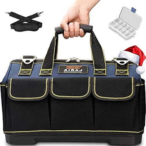AIRAJ 36 * 21 * 26CM/14-Inch Tool Bag Organizer,Heavy Duty Tool Bag with Wide Open Mouth,Multi-Purpose Tool Tote Bags,Plastic Bottom Electrician Bag with Adjustable Shoulder Strap,Waterproof ToolBag