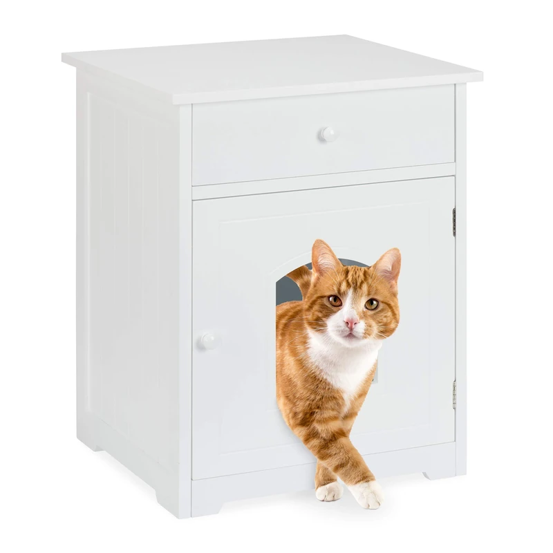 Relaxdays Cat Cabinet with Drawer, Wooden Cupboard Design, Litter Box, Pet House, H x W x D 63.5 x 52 x 48 cm, White