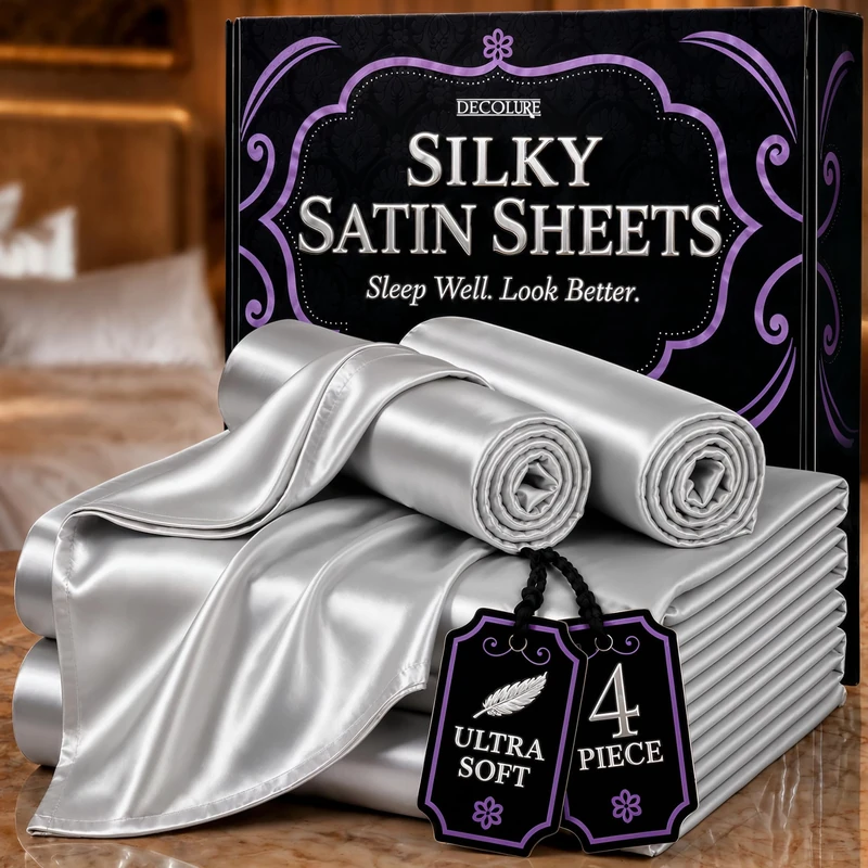 DECOLURE Satin-Bettwäsche-Set für Queen-Size-Betten (4 Stück, 8 Farben), Satin-Spannbettlaken – graue Satin-Bettwäsche-Set, Satin-Bettwäsche-Set für Queen-Size-Betten - Image 1