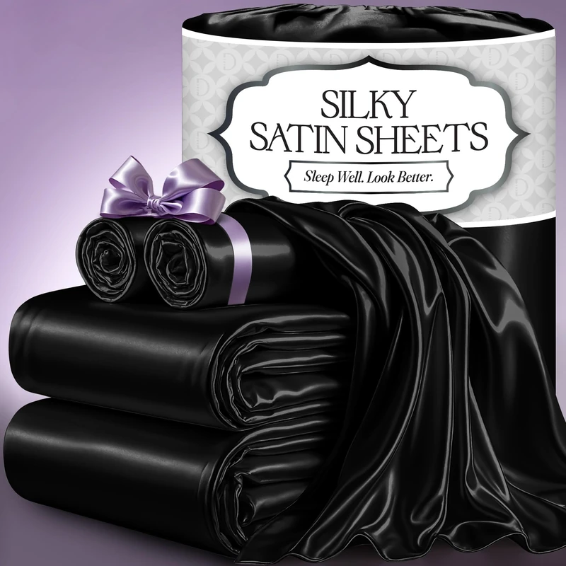 DECOLURE Satin Sheets, Silky Satin Sheet Set, Queen Size, Black