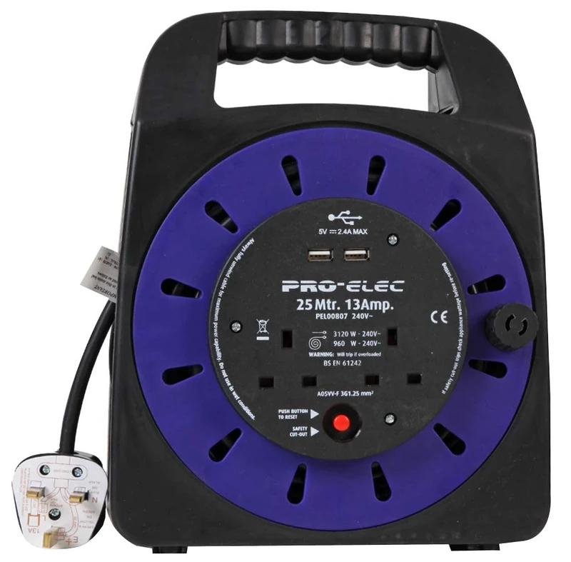 Pro Elec PEL00807 13A 2-Gang Handbag Reel mains Extension with 2x USB Charging Ports, 25 m