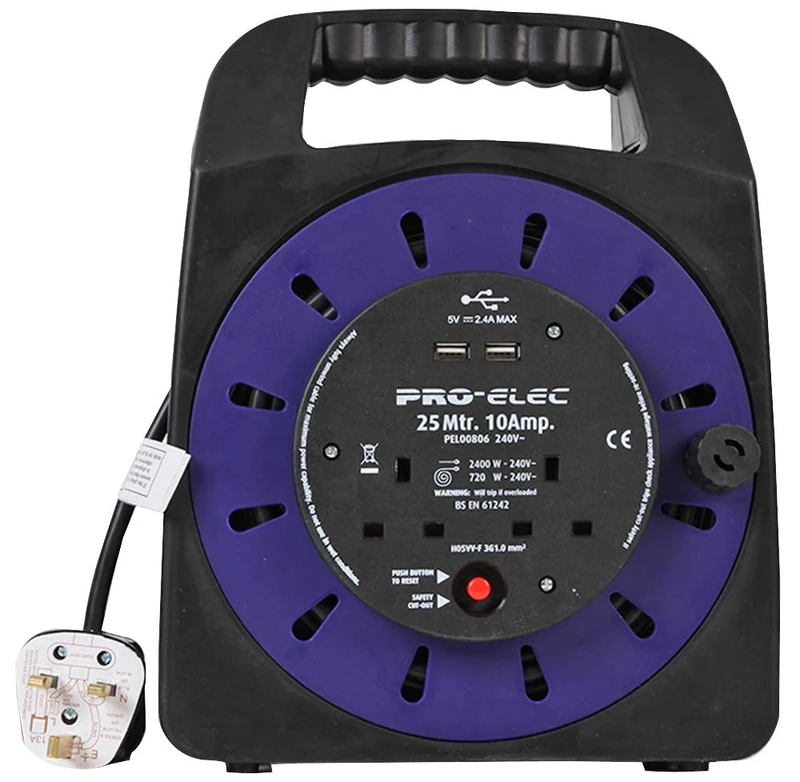 Pro Elec PEL00806 10A 2-Gang Handbag Reel mains Extension with 2x USB Charging Ports, 25 m