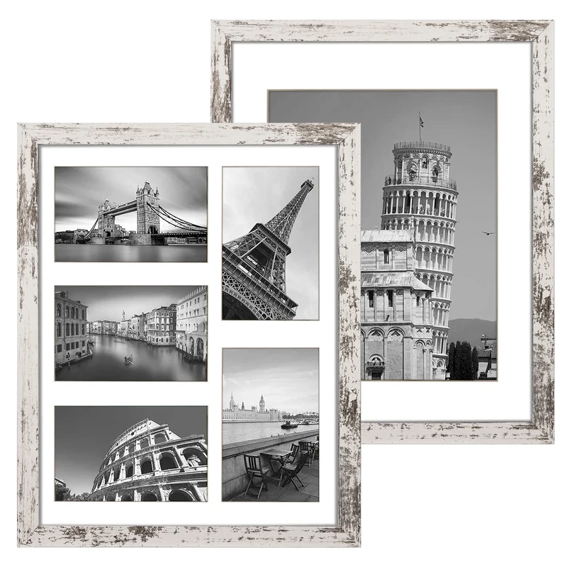 Q.Hou 11x14 Picture Frames Wood Patten Distressed White Set of 2, Each Frame with 2 Mats,Display 8x10 or Five 4x6 Photos with Mat & 11x14 Picture Without Mat for Wall Mount (QH-PF11X14-RW)