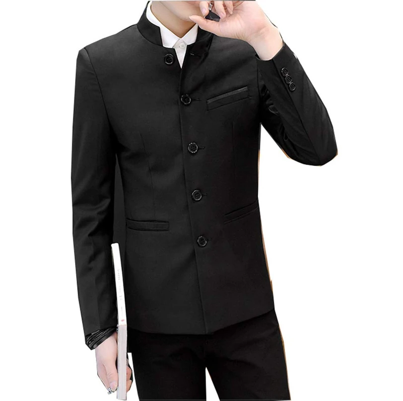 Pearl's Men's Chinese Tunic Suits Mandarin Collar Formal Jacket Slim Fit Front Button Blazer Traditional Uniform Groom Dress - Black - Medium - Image 1