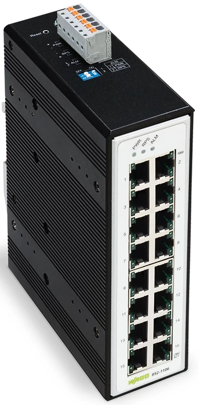 WAGO Industrial Switch 852-1106, with 16 10/100/1000 Mbit/s ETHERNET Ports Autonegotiation and Front-Panel Diagnostic LEDs, Supports up to 8000 Absolute MAC Addresses
