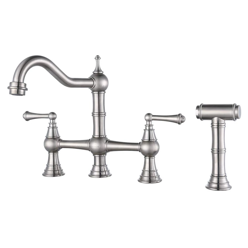 WOWOW 8 inch Centerset Bridge Kitchen Faucet with Brass Side Sprayer 2 Handles 4 Holes Antique Classic Heritage Deck-Mount Kitchen Sink Faucet, Brushed Nickel
