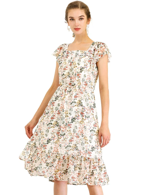 Allegra K Women's Floral Chiffon Flutter Sleeve Belted Square Neck Ruffled Hem Dress, White, XL