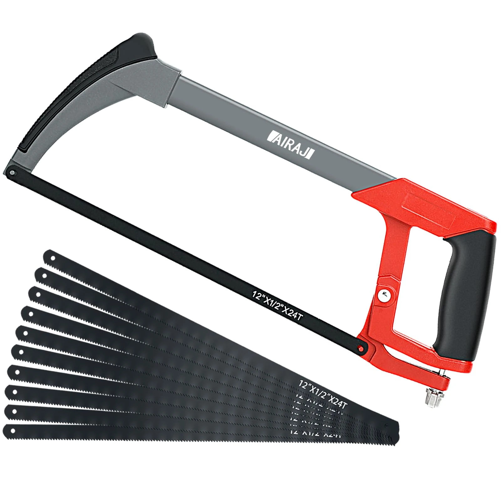 AIRAJ Hacksaw Frame 300MM,Hand Hacksaws with 10 Spare Blades,Professional High-Tension Hacksaw for Metal,Wood,Steel,PVC Pipe,Frozen Meat,45°&90° Two Angles Sawing