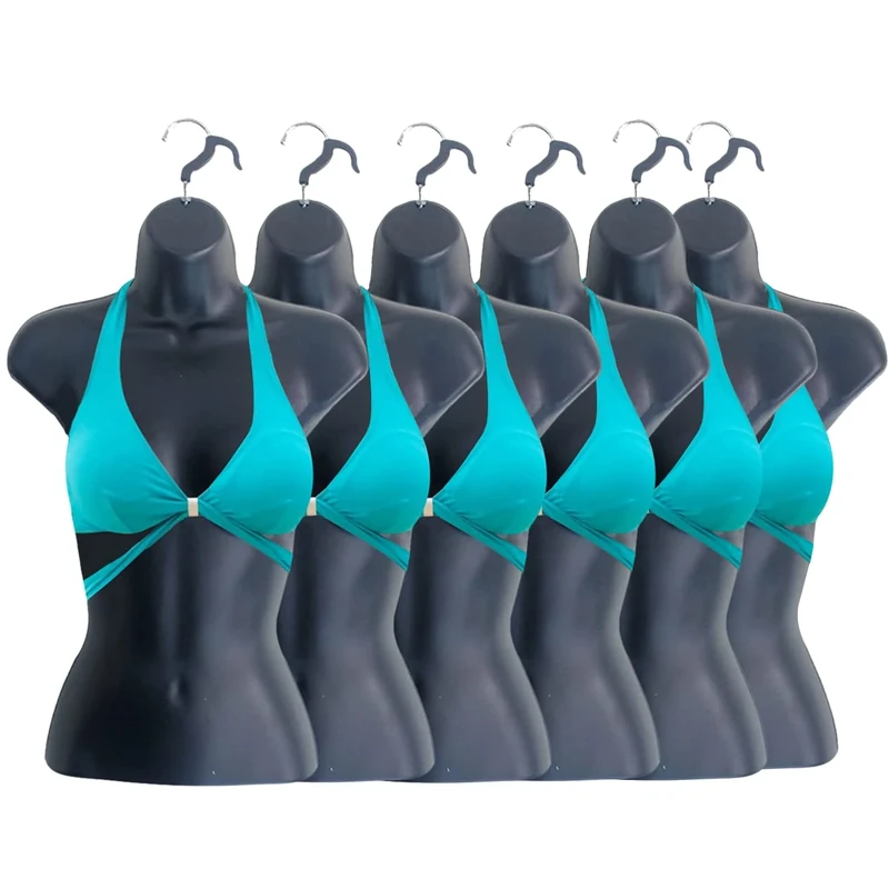 Black Female Hollow Back Mannequin Torso Set & Hanging Hook, S-M Sizes (6 Pack, Black)