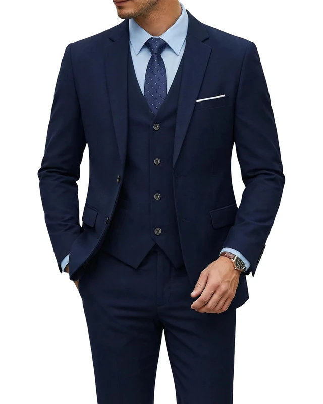 YND Men's Slim Fit 2 Button 3 Piece Suit Set, Solid Blazer Jacket Vest Pants & Tie, Deep Blue, XXL