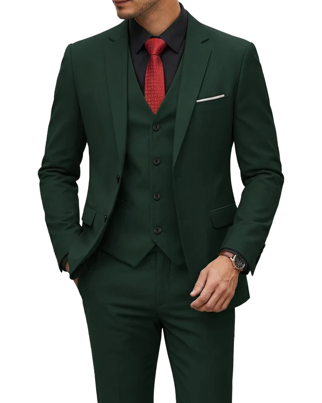 YND Men's Slim Fit 2 Button 3 Piece Suit Set, Solid Blazer Jacket Vest Pants & Tie, Deep Green, XS