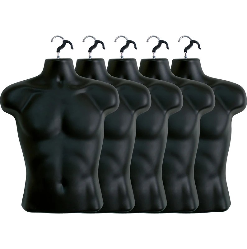 Black Male Mannequin Hollow Back Body Torso Dress Form & Hanging Hook, S-M Sizes (5 Pack, Black)