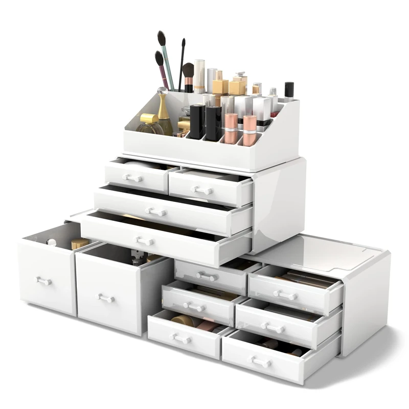 READAEER Makeup Cosmetic Organiser Storage Drawers Display Boxes Case with 12 Drawers, 4 Pieces, Freely Combined and Stacked.