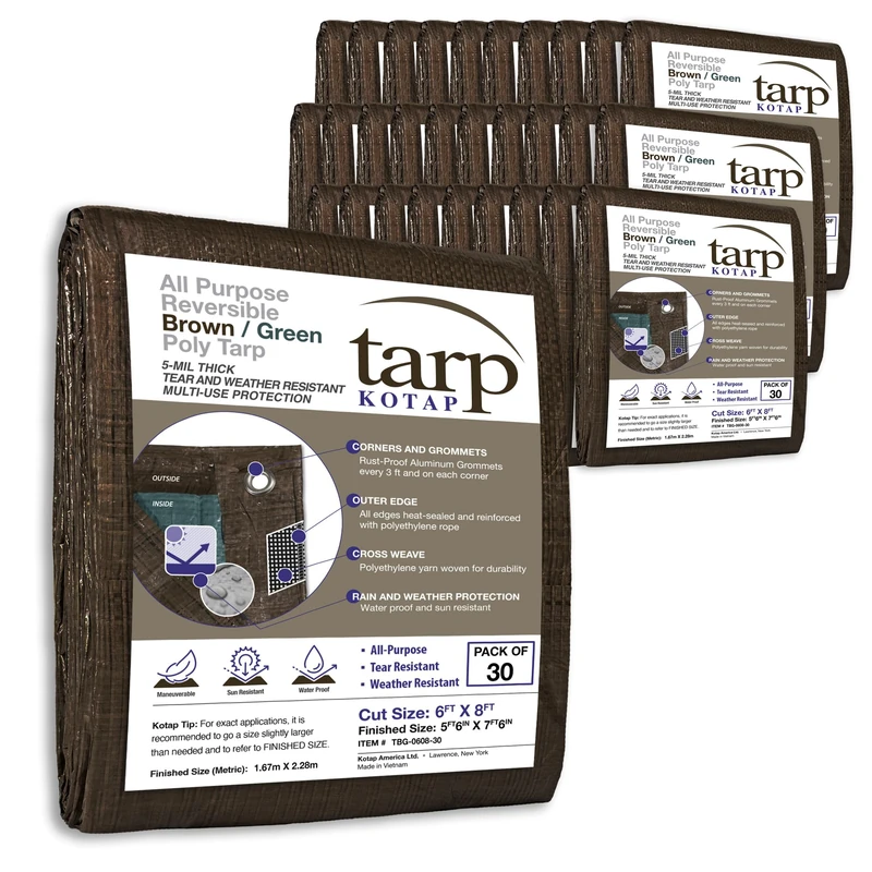 Kotap TBG-0608-30 Reversible Durable Multi-Use, 30-Pack Poly Tarpaulin, 6 ft. X 8 ft, Brown-Green