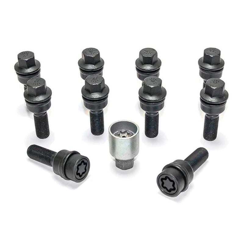 H&R Wheel bolt Set Round-Head with movable cone R14 M14x1.50 - Length 48mm - Black - 10 pcs. (e.g. compatible with Audi Q3, Q5) - incl. wheel-locks