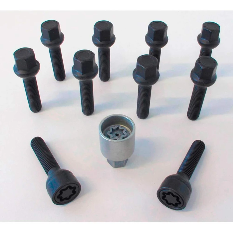 H&R Wheel Bolts Set Ball Seat R13 M14 x 1.50 Length 38 mm Black 10 Pieces (Compatible with e.g. VAG) – Includes Rim Lock