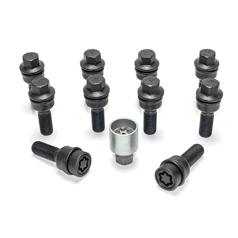 H&R Wheel bolt Set Round-Head with movable cone R14 M14x1.50 - Length 42mm - Black - 10 pcs. (e.g. compatible with Audi Q3, Q5) - incl. wheel-locks
