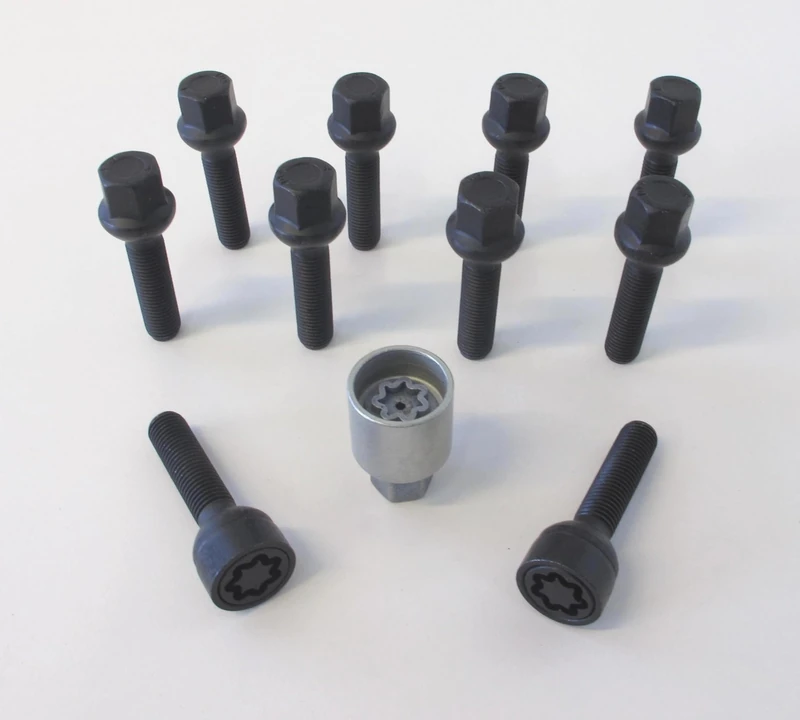 H&R Wheel bolt Set Round-Head R12 M12x1.50 - Length 60mm - Black - 10 pcs. (e.g. compatible with Mercedes) - incl. wheel-locks