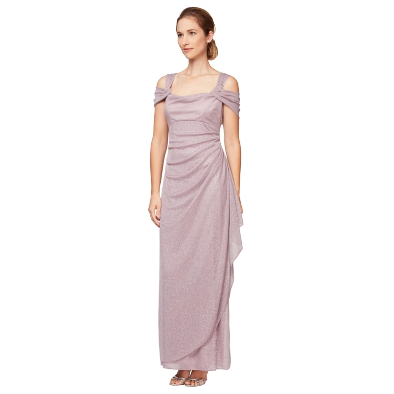 Alex Evenings Women's Long Cold Shoulder Dress (Petite and Regular Sizes) Special Occasion, Mauve Glitter, 16