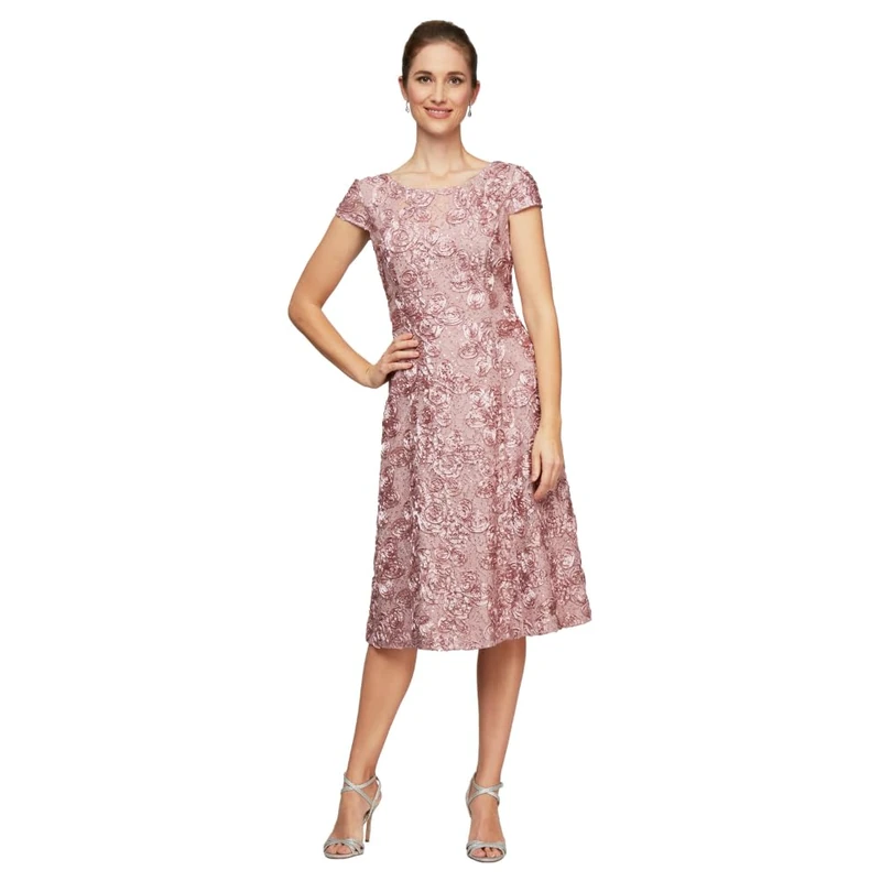 Alex Evenings Women's Tea Length Dress with Rosette Detail (Petite and Regular) Special Occasion, Rose, 18