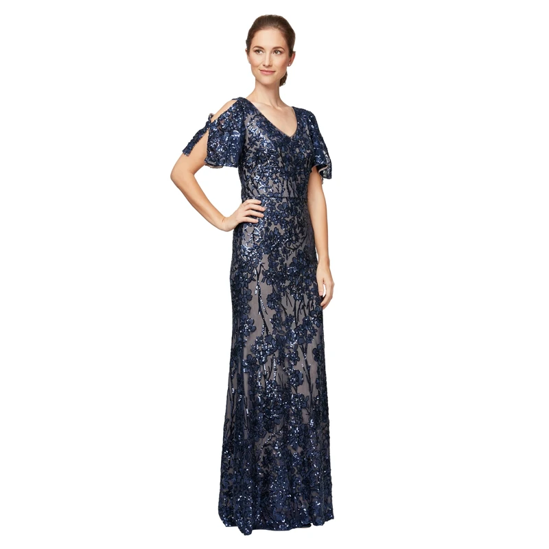 Alex Evenings Women's Long Mother of The Bride Sequin Dress with Cold Shoulder (Petite and Regular Sizes) Special Occasion, Navy/Nude Flutter Sleeve, 12