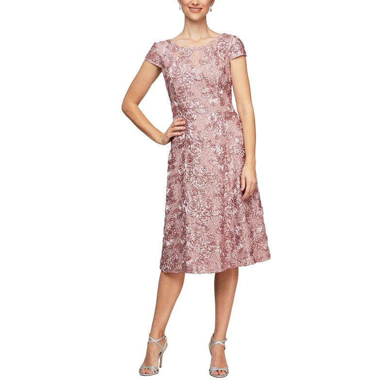 Alex Evenings Women's Tea Length Mother of The Bride Dress with Rosette Lace Detail (Petite and Regular Sizes) Special Occasion, Rose, 12