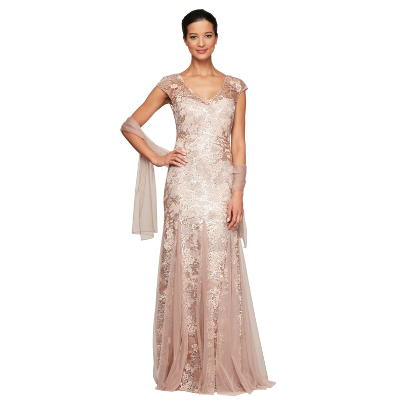 Alex Evenings Women's Long Fit and Flare Dress Godet Detail (Petite and Regular) Special Occasion, Rose Gold, 12