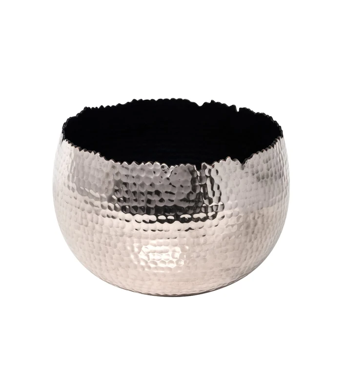 Ivyline Round Hammered Planter Bowl in Nickel/Black - UV Stable & Waterproof Premium Quality Indoor Iron Decorative Flower Plant Pot - H21cm x D30cm