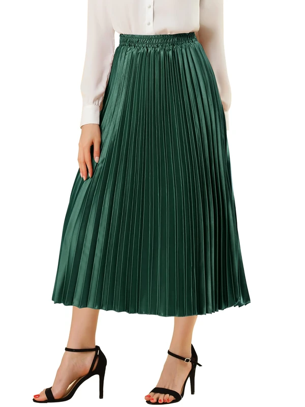 Allegra K Women's Elastic Waist Party Metallic Shiny Accordion Pleated Midi Skirt, Drak Green, XS