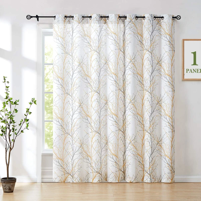 Fmfunctex Yellow-Grey Tree Curtain for Patio Door 100" Extra Wide 96" Sliding Door Panel Branch Print Linen Textured Privacy Semi Sheer Curtain Drapes 1 Panel 8ft - Image 1