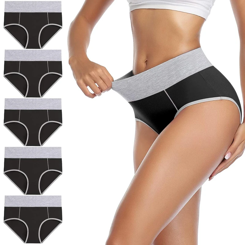 wirarpa Underwear Women High Waist Cotton Knickers Ladies Panties Full Coverage Briefs Underpants Plus Size Black 5 Pack XS