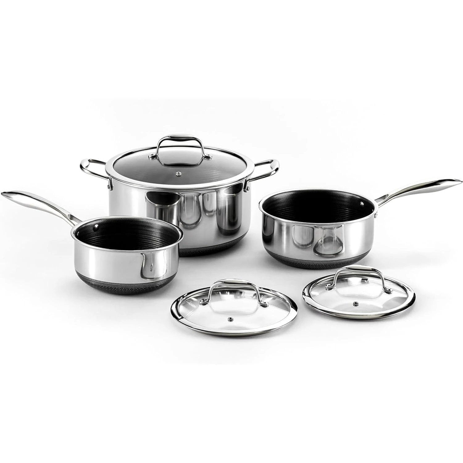 HexClad Hybrid Nonstick 6-Piece Pot Set, 2, 3, and 7.5 Litre Pots with Tempered Glass Lids, Stay-Cool Handles, Induction Ready, Compatible with All Cooktops