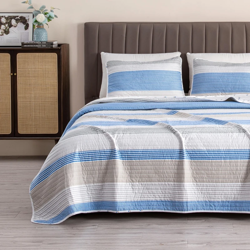 Great Bay Home 3-Piece Full/Queen Reversible Lightweight Quilt Comforter with 2 Shams | All-Season, Modern, Striped Bedspreads | Blue and Taupe Striped Coverlet Sets | Bryce Quilts Collection