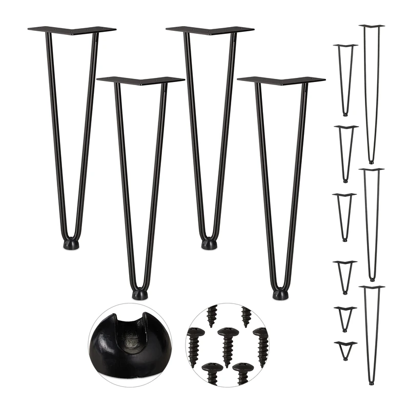 Relaxdays Hairpin Legs, Set of 4, 2 Bars, Metal, Table Support for Shelf and Stool, 40 cm, Black
