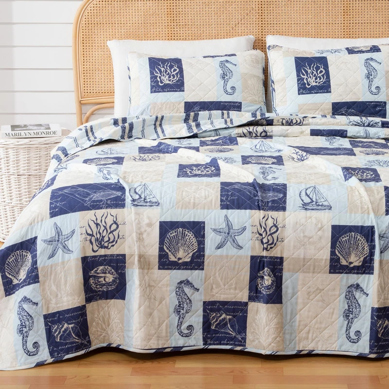 Great Bay Home 2-Piece Twin Reversible Lightweight Nautical Quilt Comforter with 1 Sham | All-Season, Beach Bedspreads | Blue Coastal Coverlet Sets | Caspian Quilts Collection