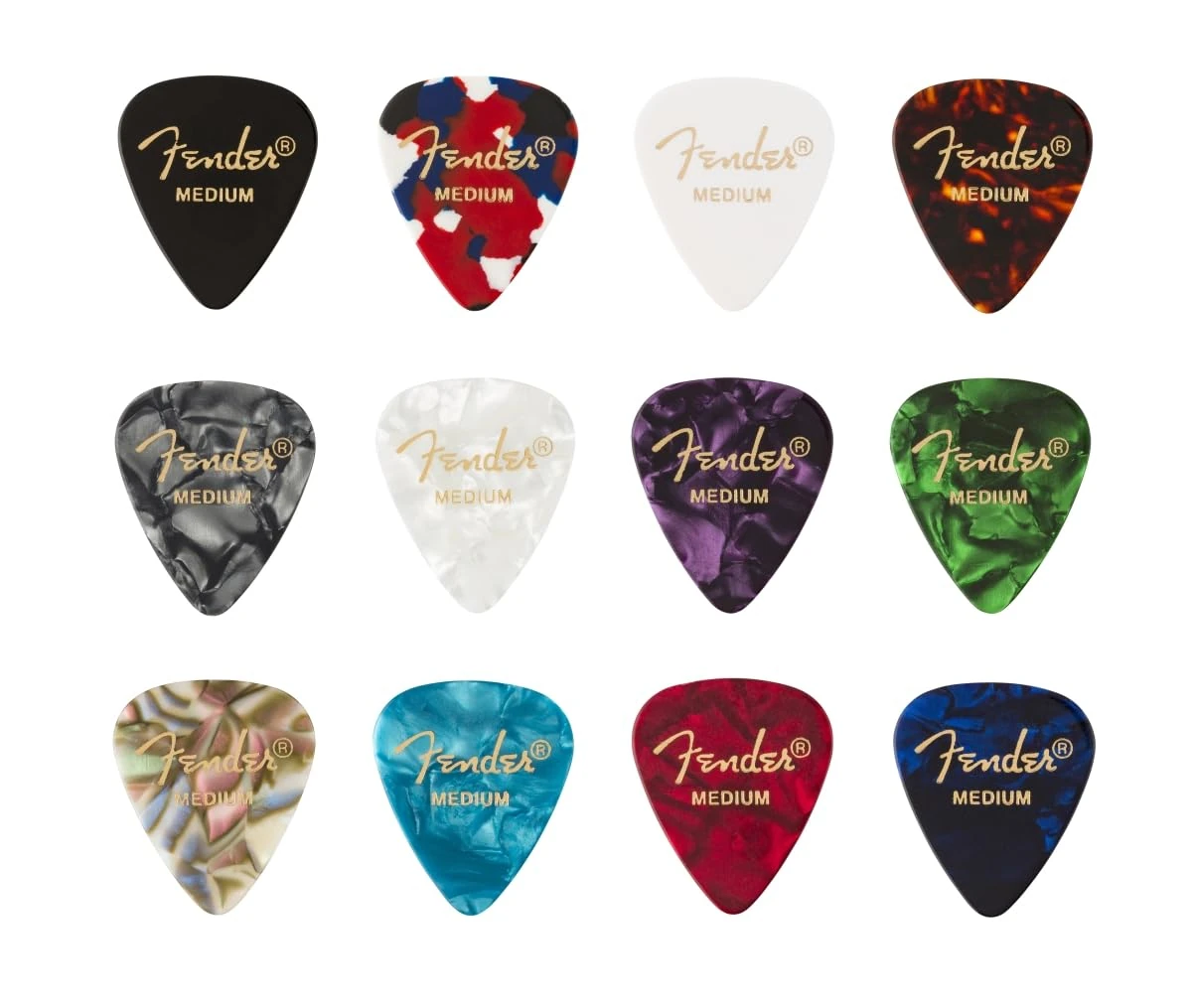 Fender Medium Gauge Guitar Picks, 351 Shape, Celluloid Medley Picks, Pack of 12 for Guitarists of All Levels