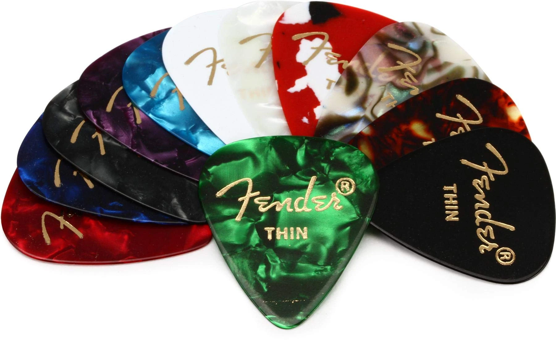 Fender 351 Shape, Celluloid Medley Picks for Guitar, 12 pieces, Thin