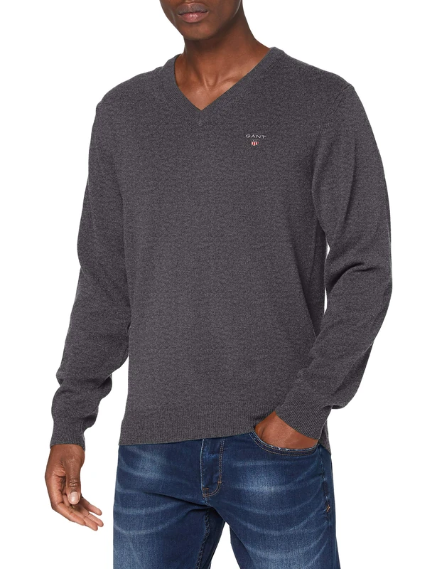 Gant Men's Superfine Lambswool V-Neck Pullover Sweater, Dark Grey Melange, 5XL