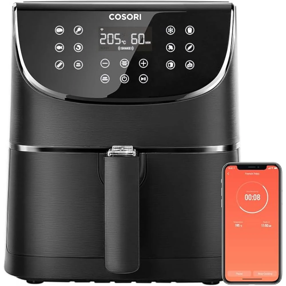 COSORI 5.5L Smart Air Fryer Oven, 200 Recipes(Cookbook & Online), APP Control, Square & Removable Basket, 13 Cooking Functions, Roast, Bake, Reheat, Dishwasher Safe, Black