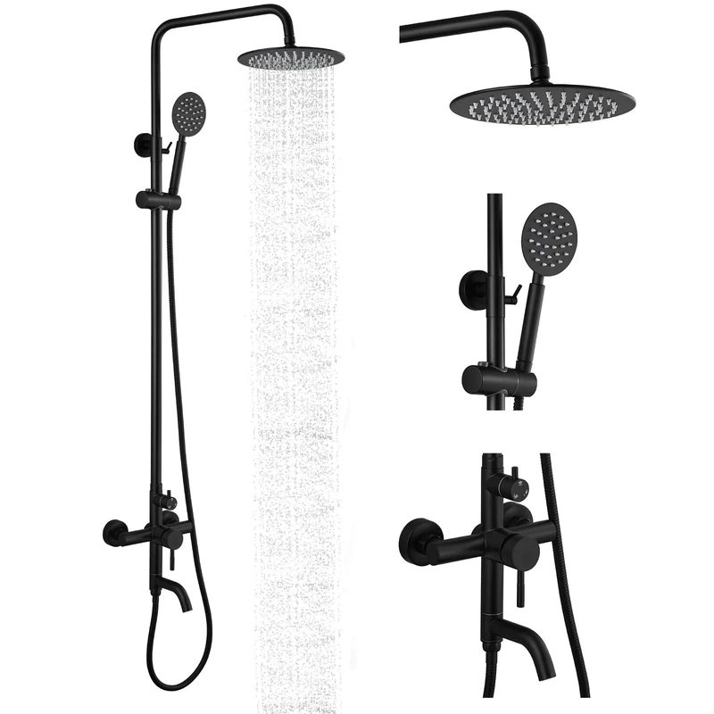 gotonovo Shower Faucet Set Matte Black Triple Function with Adjustable Hand Sprayer and Tub Spout SUS 304 Stainless Steel 8 Inch Rainfall Shower Head Bathroom Shower Fixture Wall Mount Complete Set