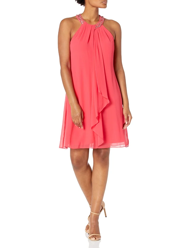 S.L. Fashions Women's Jewel Halter Neckline Cocktail, Wedding Guest, Perfect Party Dress,(Petite and Regular Sizes) Special Occasion, Cerise, 18