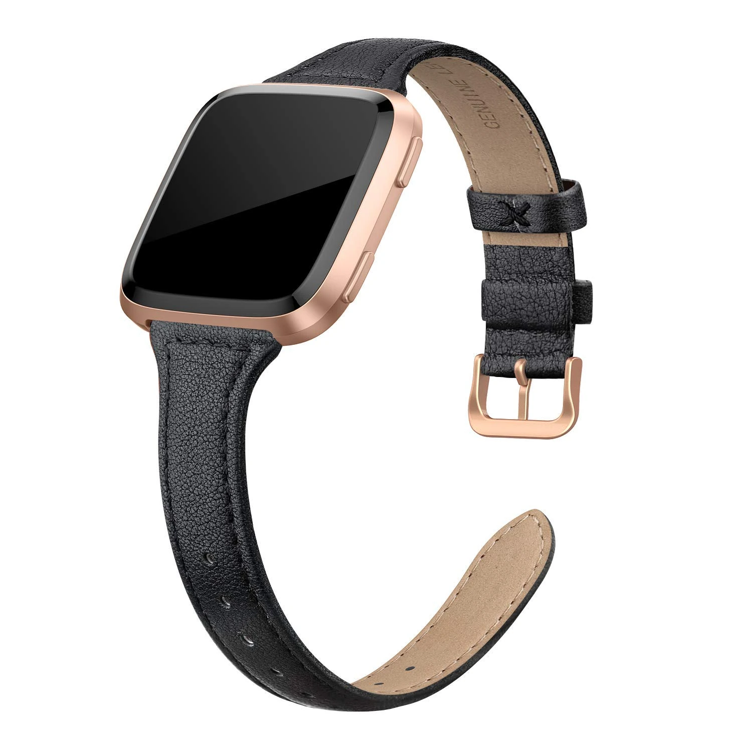 EDIMENS Genuine Leather Strap Compatible with Fitbit Versa 2 / Fitbit Versa Lite & SE/Fitbit Versa, Slim Thin Replacement Leather Strap for Versa Women Men, Black, Champagne, Rose Gold, Tan