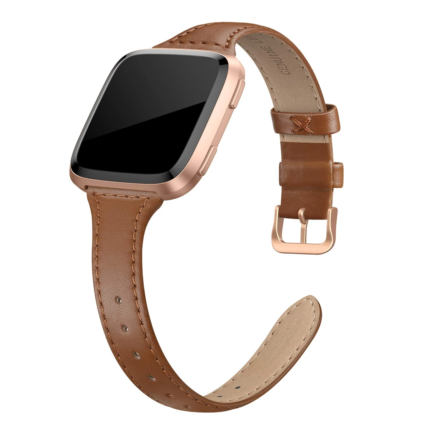 EDIMENS Genuine Leather Strap Compatible with Fitbit Versa 2 / Fitbit Versa Lite & SE/Fitbit Versa, Slim Thin Replacement Leather Strap for Versa Women Men, Black, Champagne, Rose Gold, Tan
