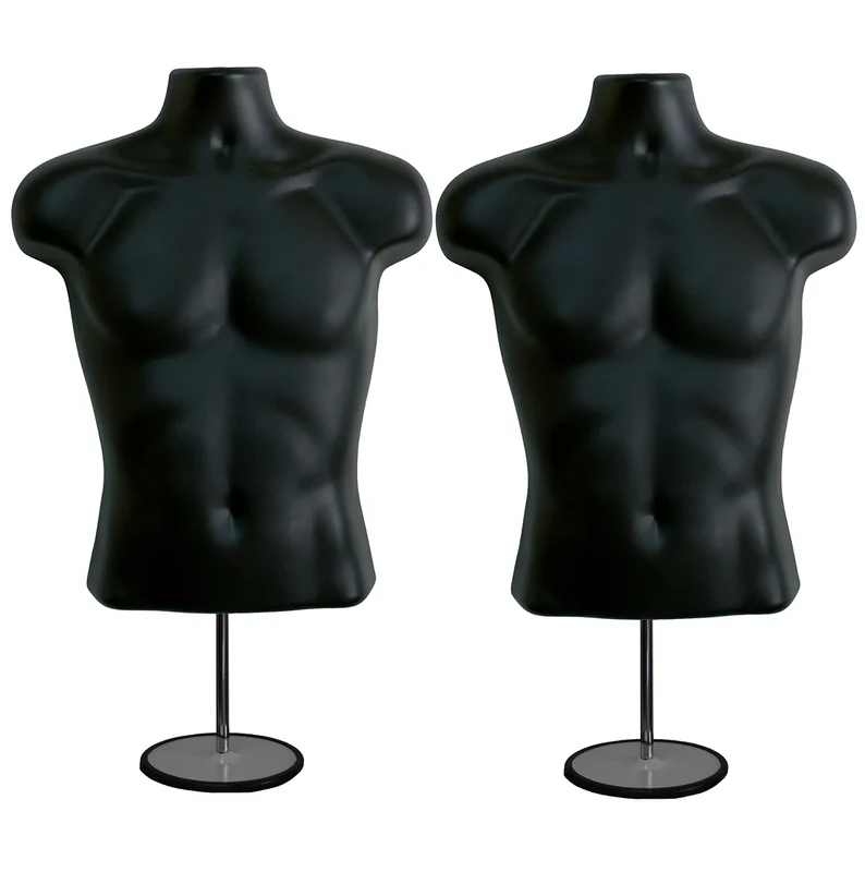 DisplayTown 2 Pack Male Mannequin Torso with Stand Dress Form Tshirt Display Countertop Hollow Back Body S-M Clothing Sizes Black (P78B660A)
